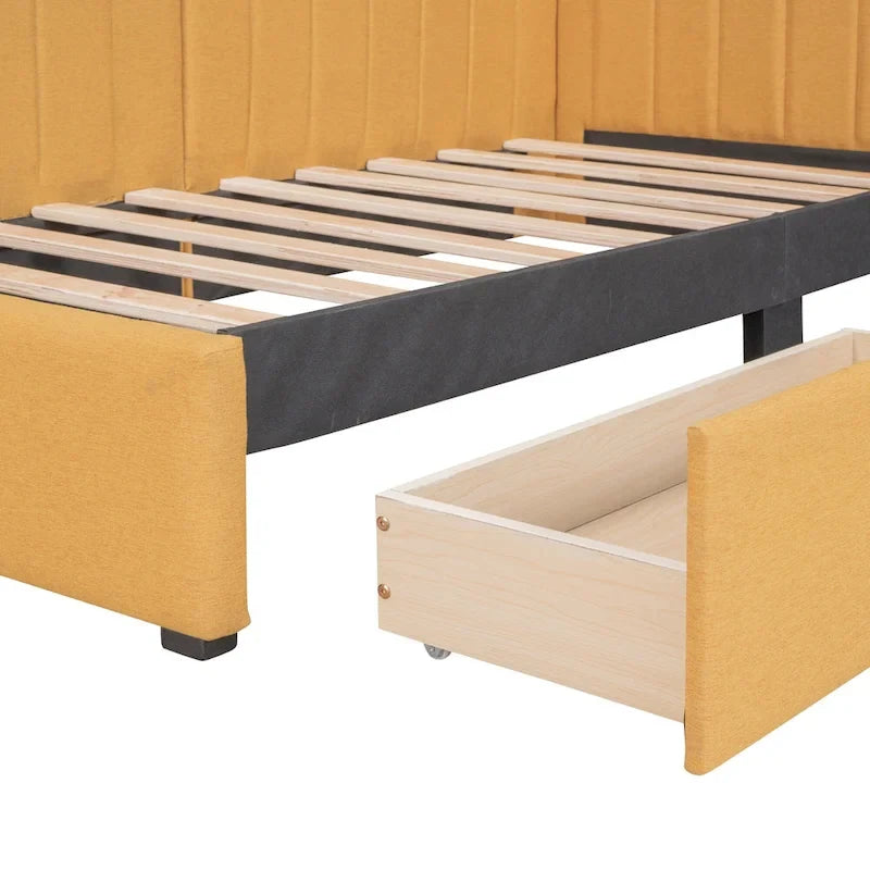 Twin Linen Upholstered Daybed with 2 Storage Drawers and Wood Slat Support