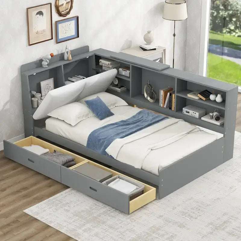 King Size Upholstered Storage Bed with Shelving Headboard & Under-Bed Drawers