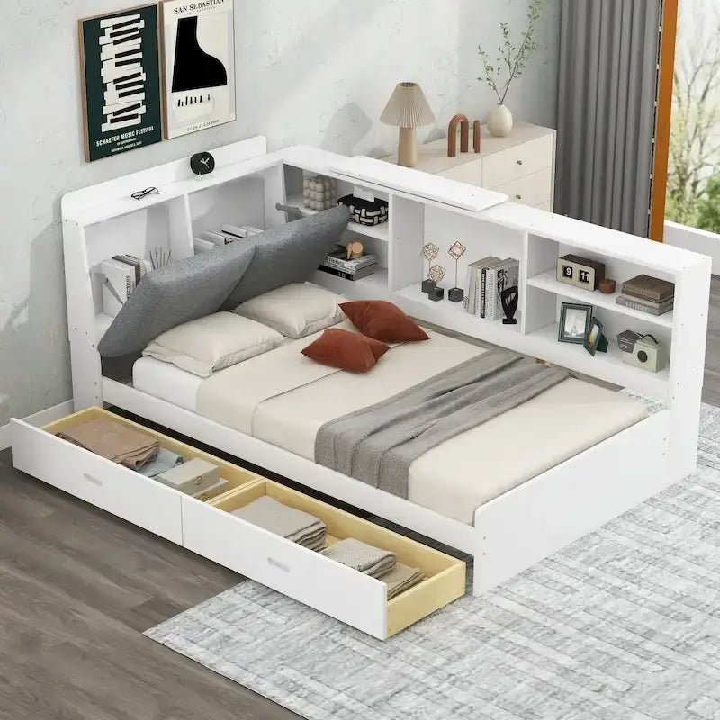 King Size Upholstered Storage Bed with Shelving Headboard & Under-Bed Drawers
