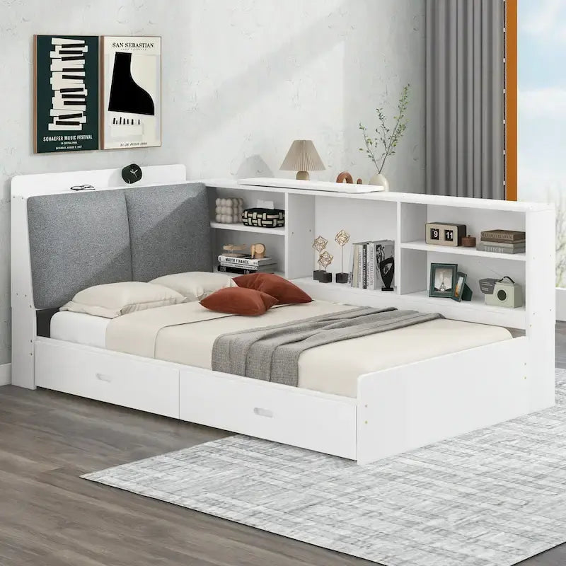 King Size Upholstered Storage Bed with Shelving Headboard & Under-Bed Drawers