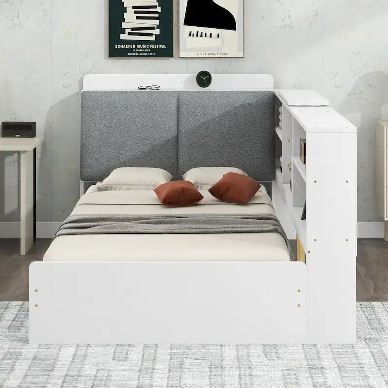 King Size Upholstered Storage Bed with Shelving Headboard & Under-Bed Drawers