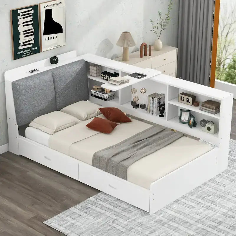 King Size Upholstered Storage Bed with Shelving Headboard & Under-Bed Drawers