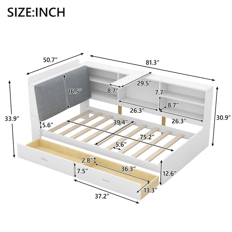 King Size Upholstered Storage Bed with Shelving Headboard & Under-Bed Drawers