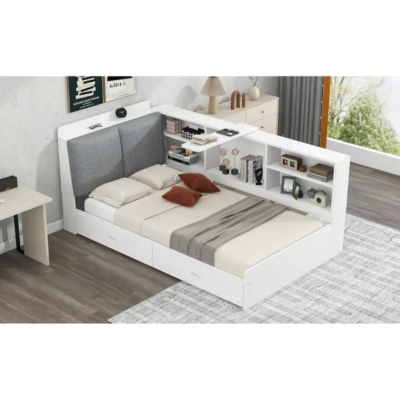 King Size Upholstered Storage Bed with Shelving Headboard & Under-Bed Drawers