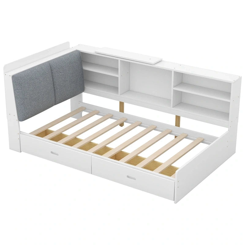 King Size Upholstered Storage Bed with Shelving Headboard & Under-Bed Drawers