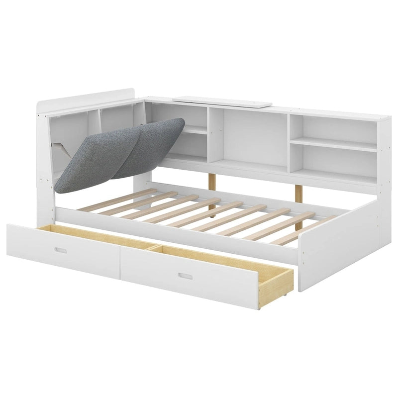 King Size Upholstered Storage Bed with Shelving Headboard & Under-Bed Drawers
