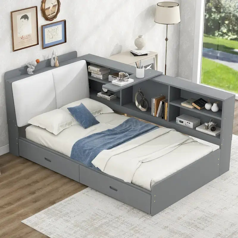 King Size Upholstered Storage Bed with Shelving Headboard & Under-Bed Drawers