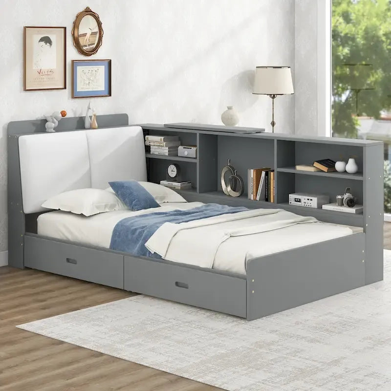 King Size Upholstered Storage Bed with Shelving Headboard & Under-Bed Drawers