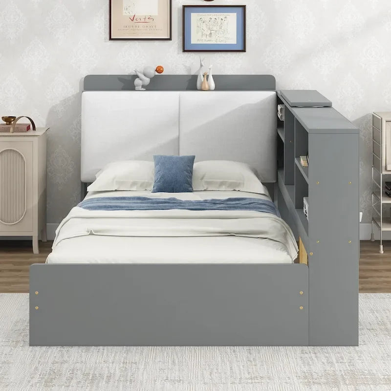 King Size Upholstered Storage Bed with Shelving Headboard & Under-Bed Drawers