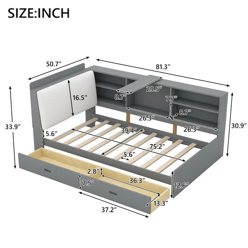 King Size Upholstered Storage Bed with Shelving Headboard & Under-Bed Drawers