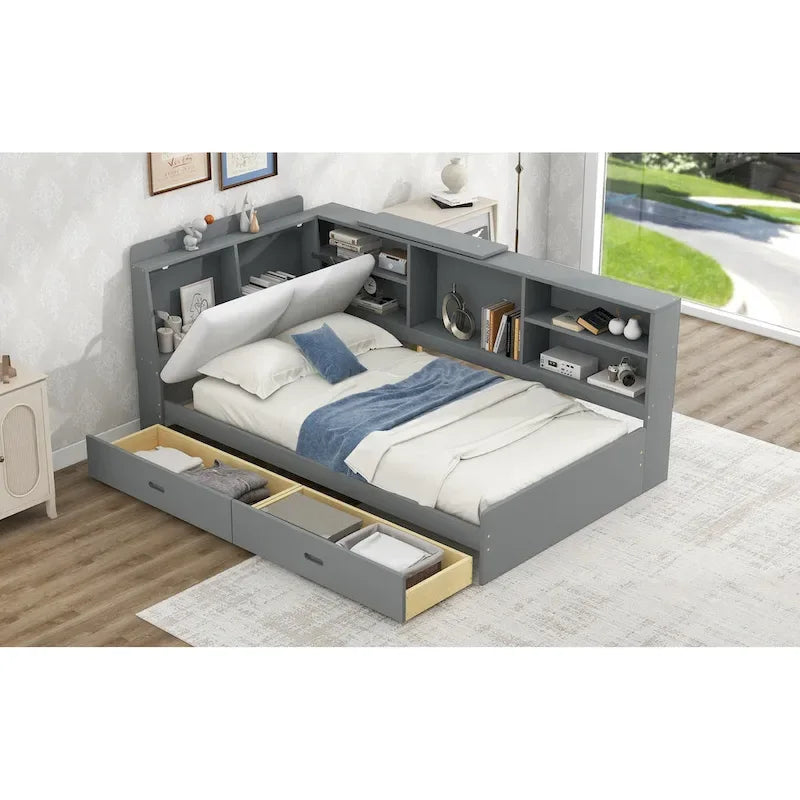 King Size Upholstered Storage Bed with Shelving Headboard & Under-Bed Drawers