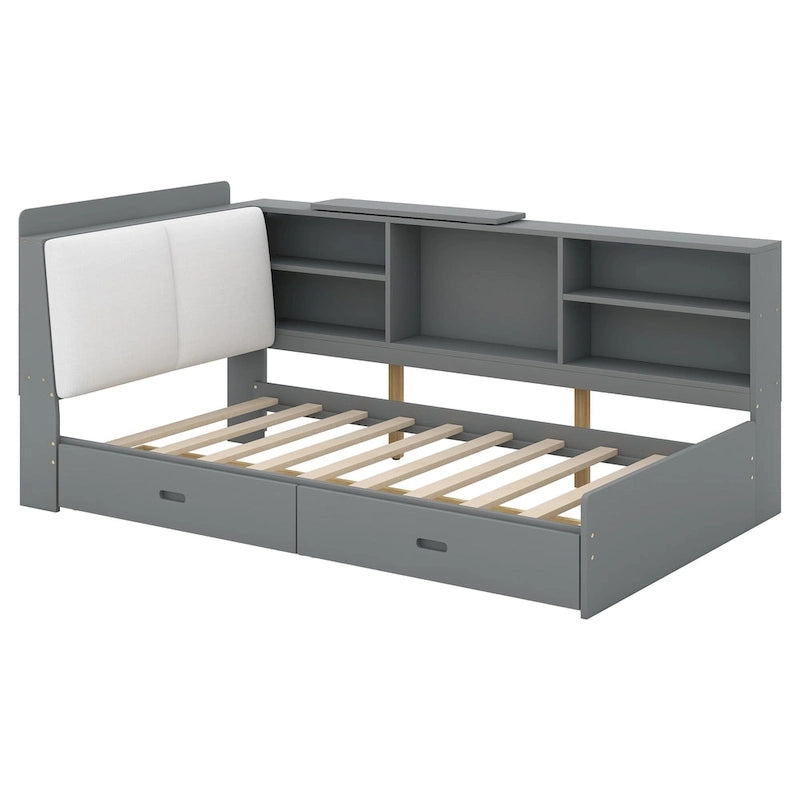 King Size Upholstered Storage Bed with Shelving Headboard & Under-Bed Drawers