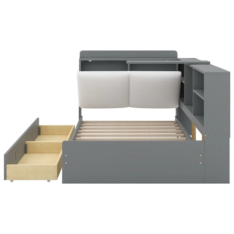 King Size Upholstered Storage Bed with Shelving Headboard & Under-Bed Drawers