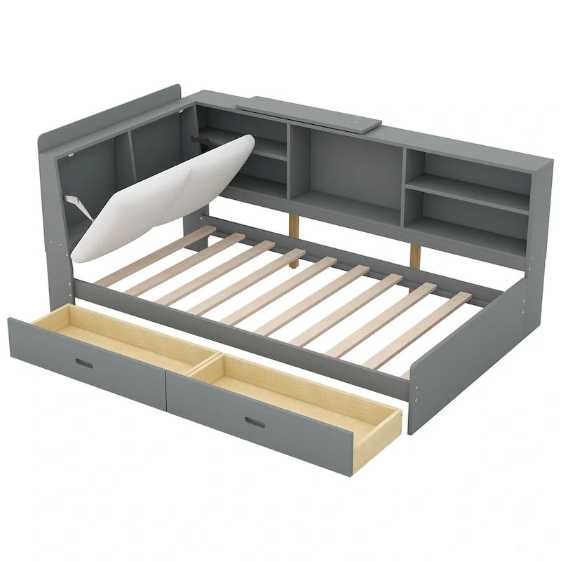 King Size Upholstered Storage Bed with Shelving Headboard & Under-Bed Drawers