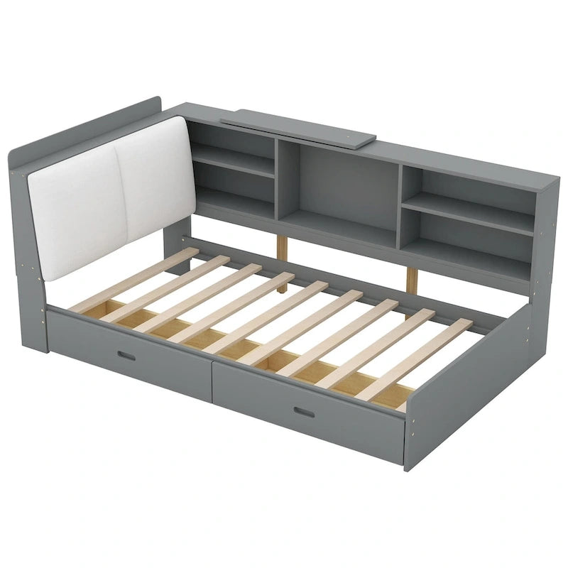 King Size Upholstered Storage Bed with Shelving Headboard & Under-Bed Drawers