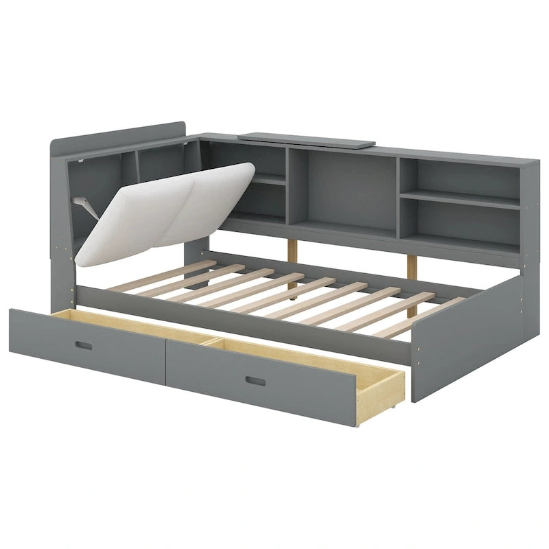 King Size Upholstered Storage Bed with Shelving Headboard & Under-Bed Drawers