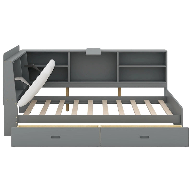 King Size Upholstered Storage Bed with Shelving Headboard & Under-Bed Drawers