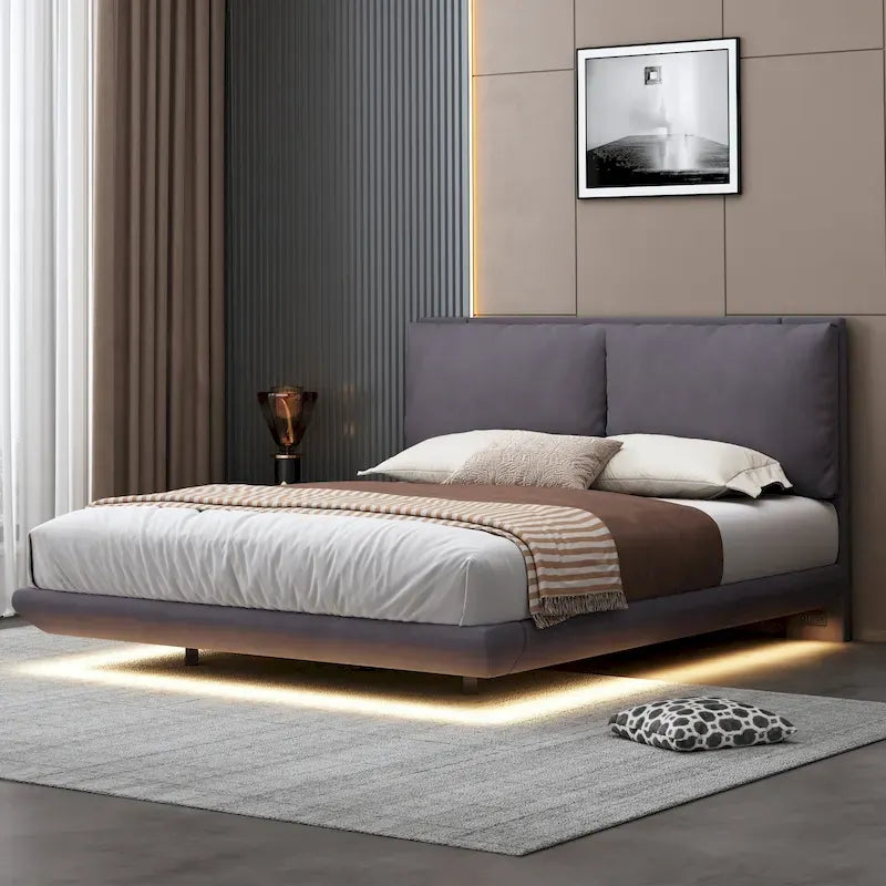 Queen Size Velvet Platform Bed with Motion Sensor LED Light & USB Charging Ports