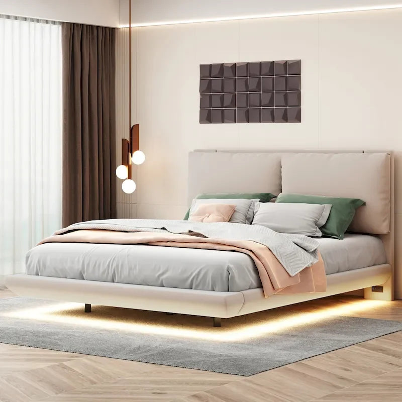 Queen Size Velvet Platform Bed with Motion Sensor LED Light & USB Charging Ports