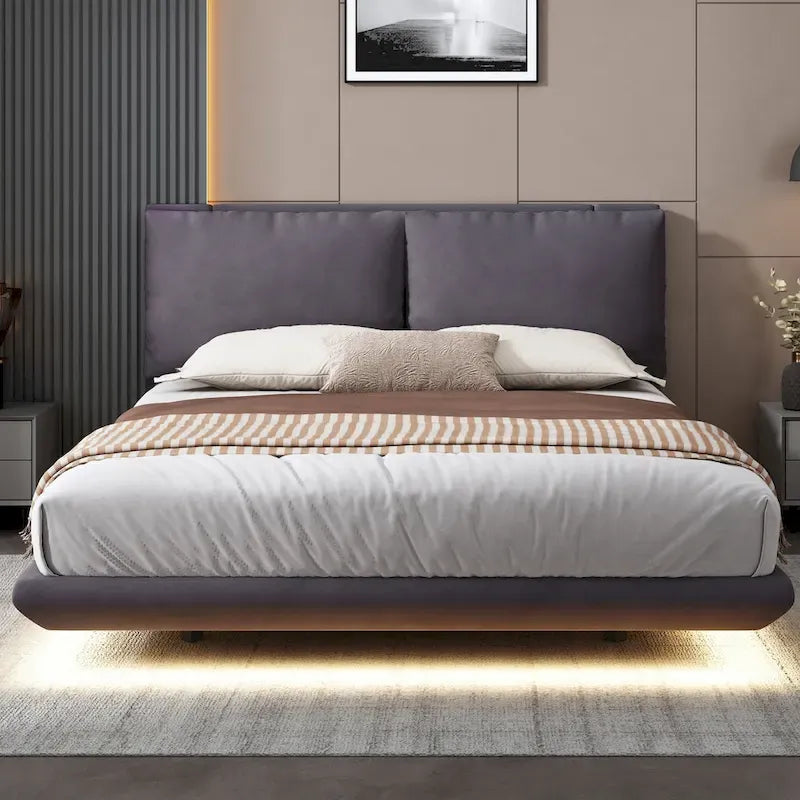 Queen Size Velvet Platform Bed with Motion Sensor LED Light & USB Charging Ports