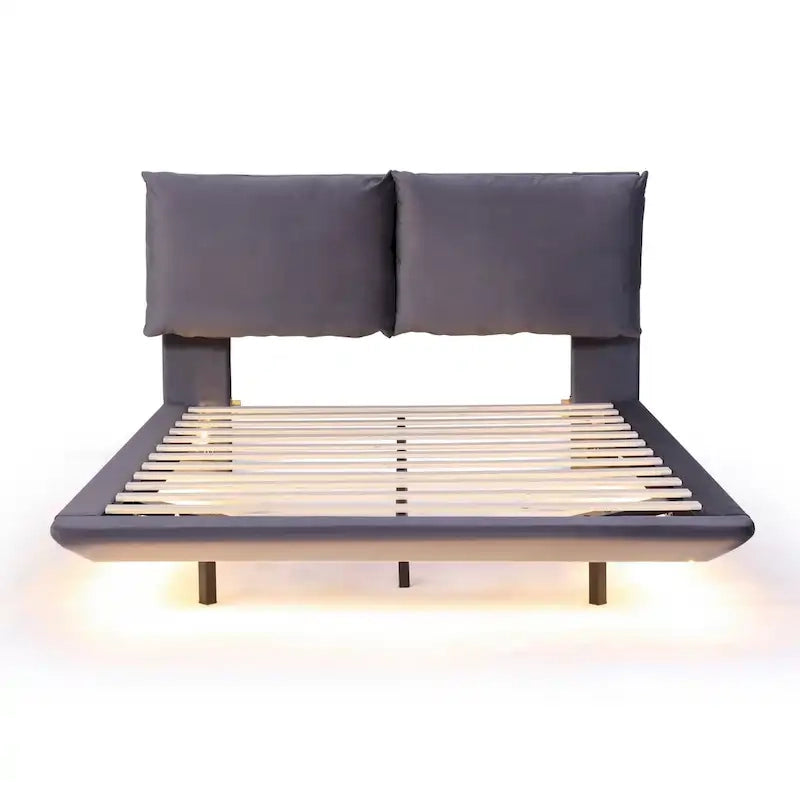 Queen Size Velvet Platform Bed with Motion Sensor LED Light & USB Charging Ports