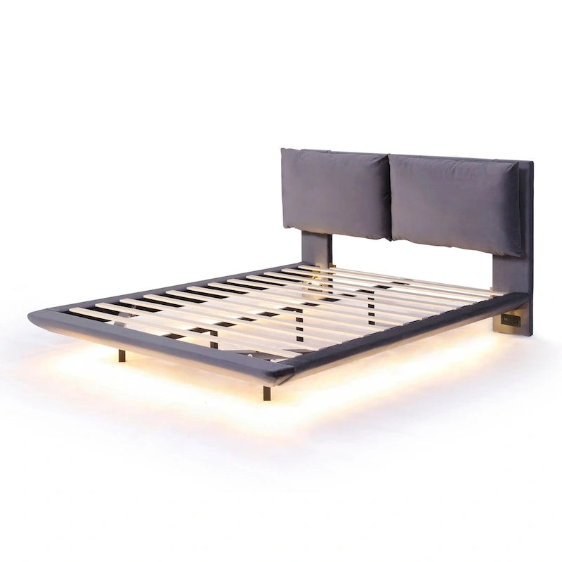 Queen Size Velvet Platform Bed with Motion Sensor LED Light & USB Charging Ports
