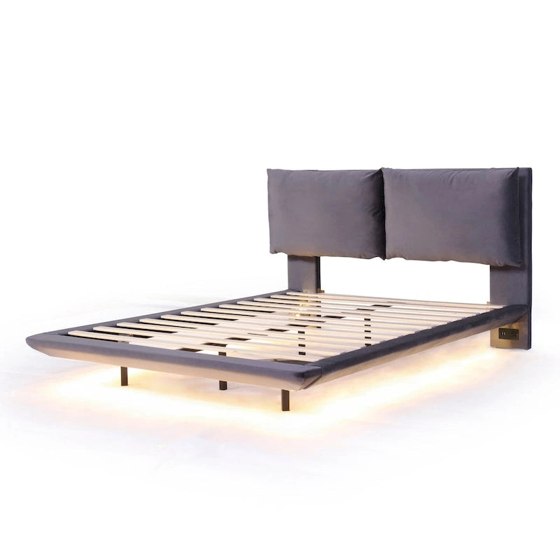 Queen Size Velvet Platform Bed with Motion Sensor LED Light & USB Charging Ports