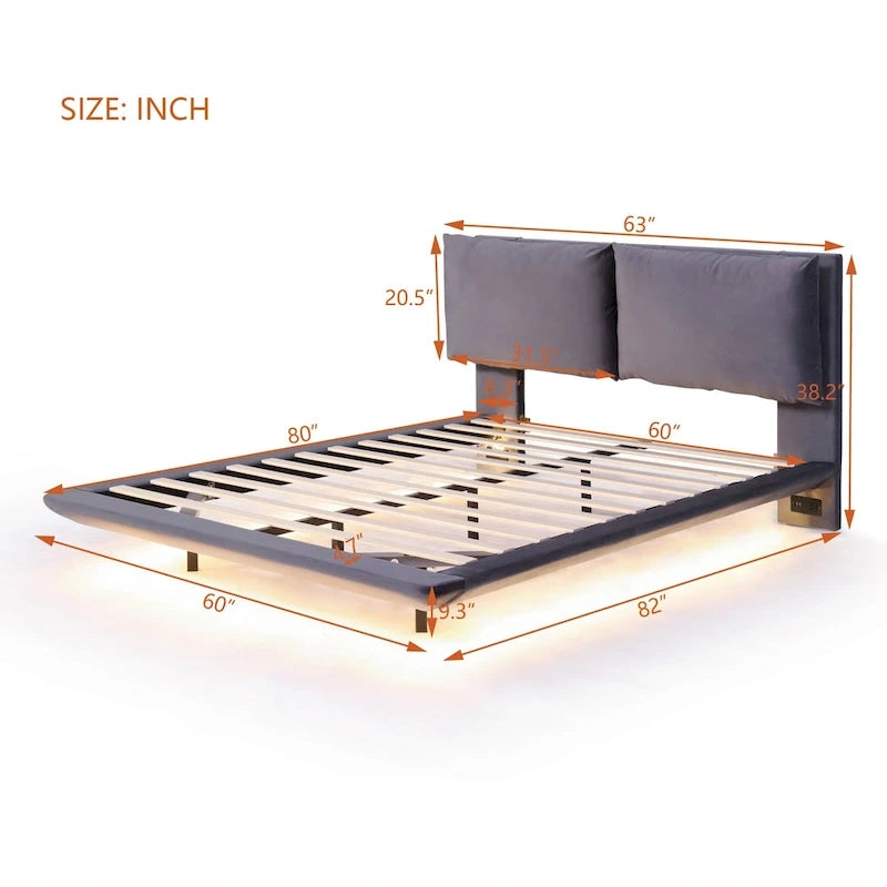 Queen Size Velvet Platform Bed with Motion Sensor LED Light & USB Charging Ports