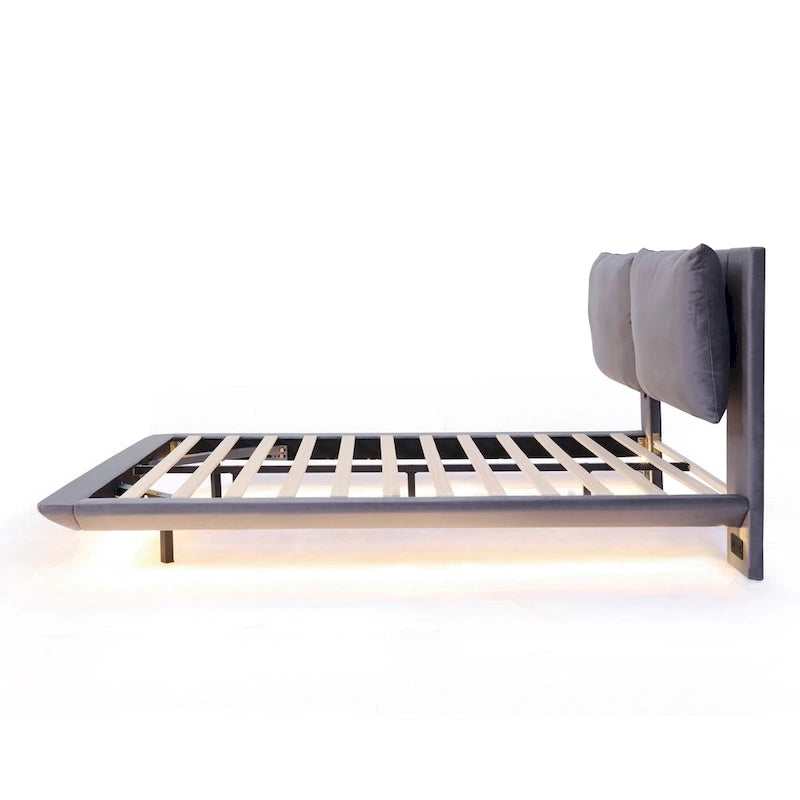Queen Size Velvet Platform Bed with Motion Sensor LED Light & USB Charging Ports