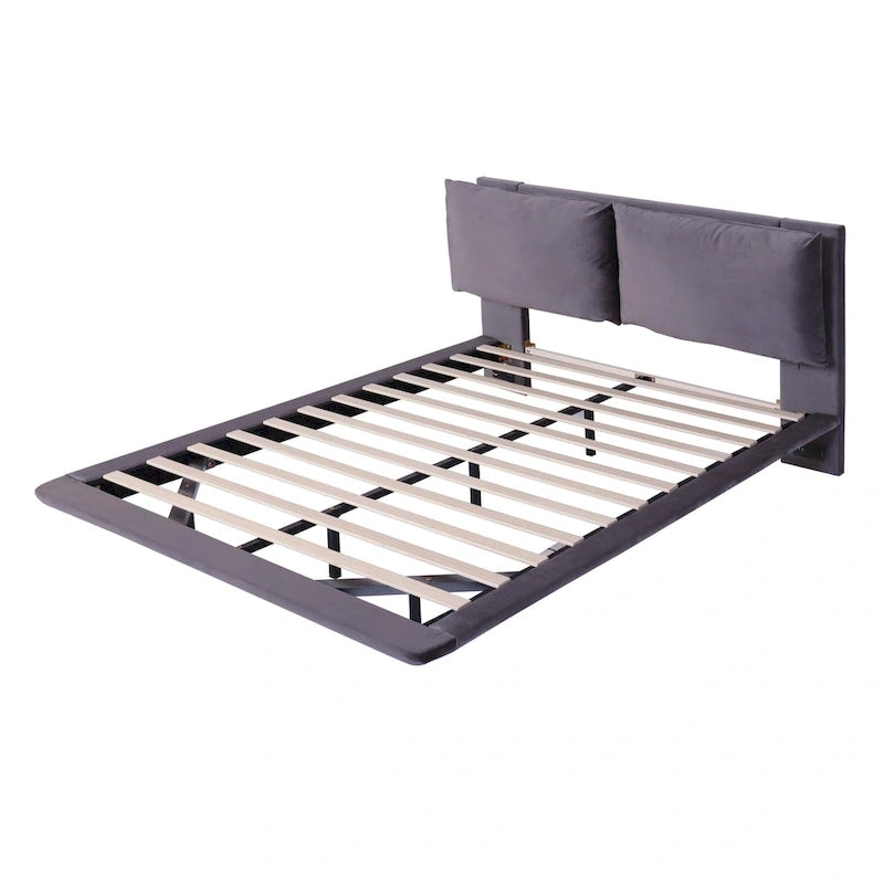 Queen Size Velvet Platform Bed with Motion Sensor LED Light & USB Charging Ports