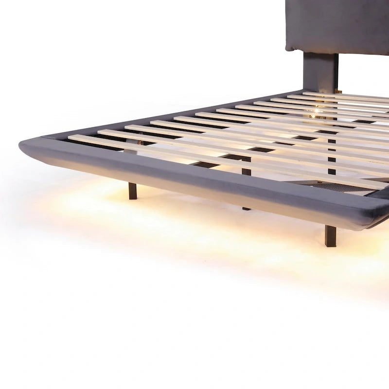 Queen Size Velvet Platform Bed with Motion Sensor LED Light & USB Charging Ports