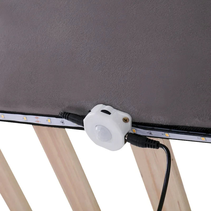 Queen Size Velvet Platform Bed with Motion Sensor LED Light & USB Charging Ports