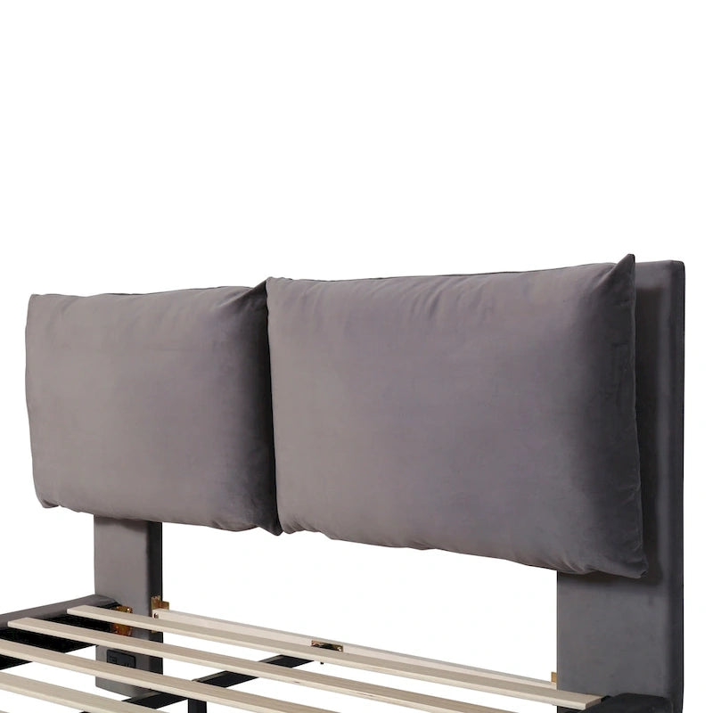 Queen Size Velvet Platform Bed with Motion Sensor LED Light & USB Charging Ports