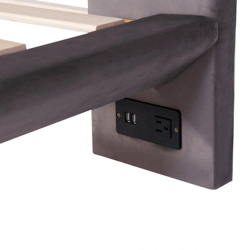 Queen Size Velvet Platform Bed with Motion Sensor LED Light & USB Charging Ports