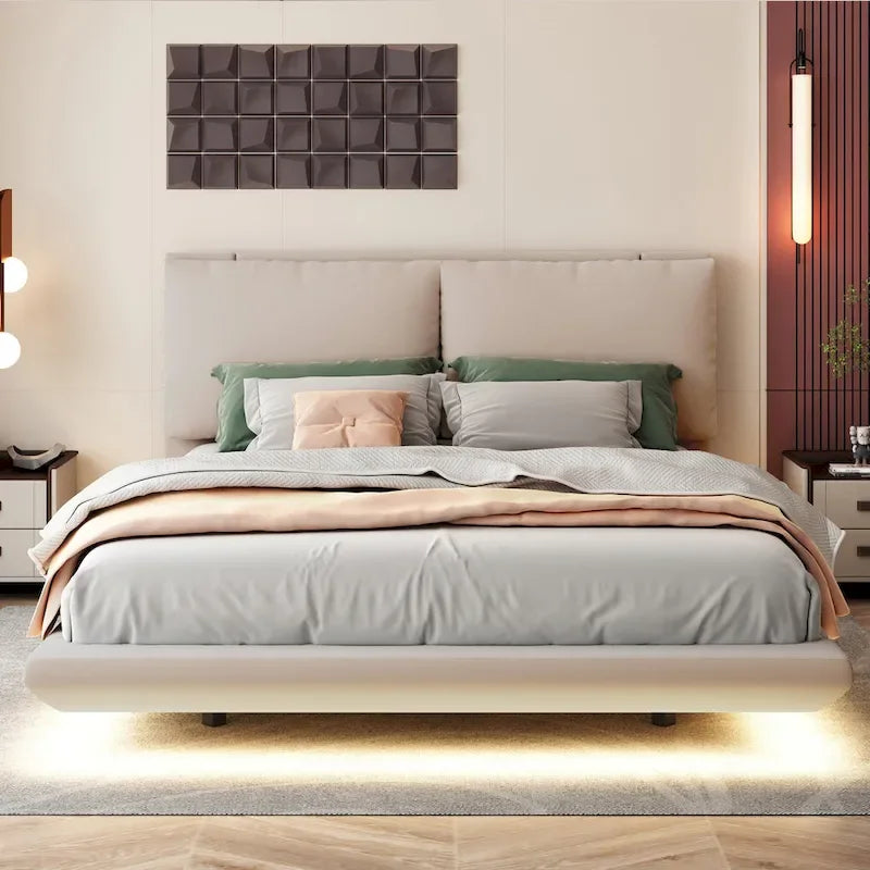 Queen Size Velvet Platform Bed with Motion Sensor LED Light & USB Charging Ports