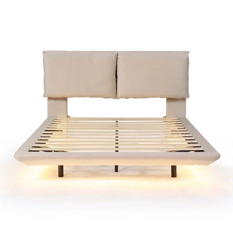 Queen Size Velvet Platform Bed with Motion Sensor LED Light & USB Charging Ports