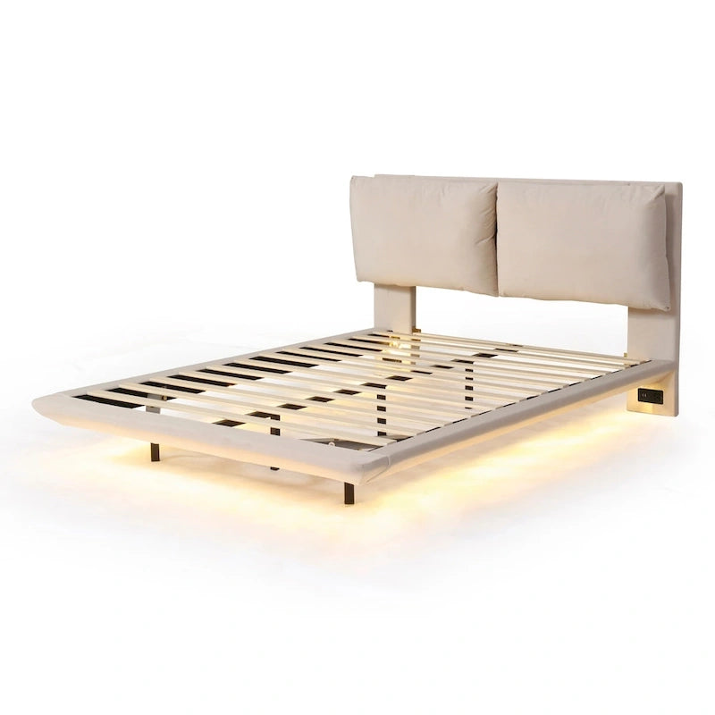 Queen Size Velvet Platform Bed with Motion Sensor LED Light & USB Charging Ports