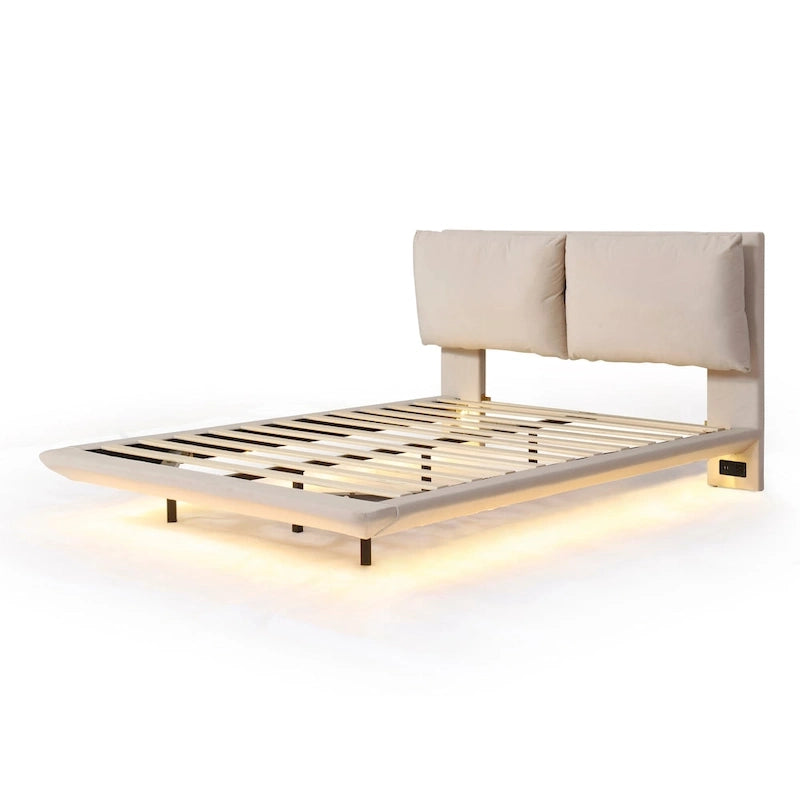 Queen Size Velvet Platform Bed with Motion Sensor LED Light & USB Charging Ports