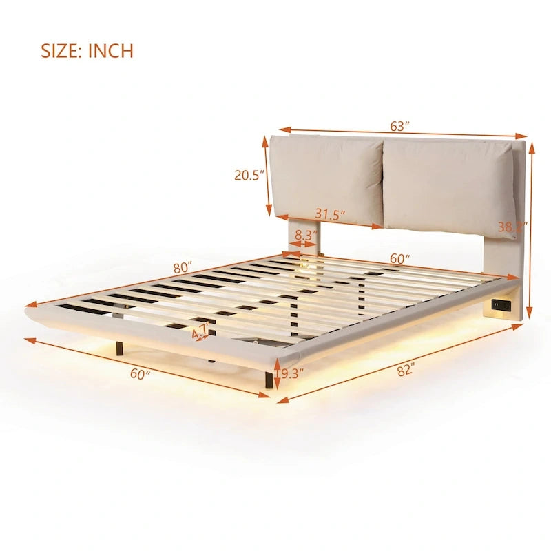 Queen Size Velvet Platform Bed with Motion Sensor LED Light & USB Charging Ports