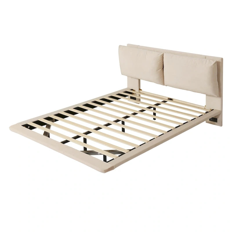 Queen Size Velvet Platform Bed with Motion Sensor LED Light & USB Charging Ports