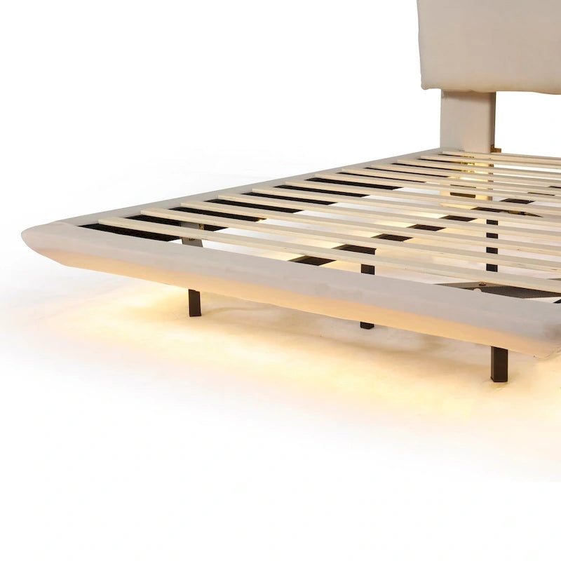 Queen Size Velvet Platform Bed with Motion Sensor LED Light & USB Charging Ports