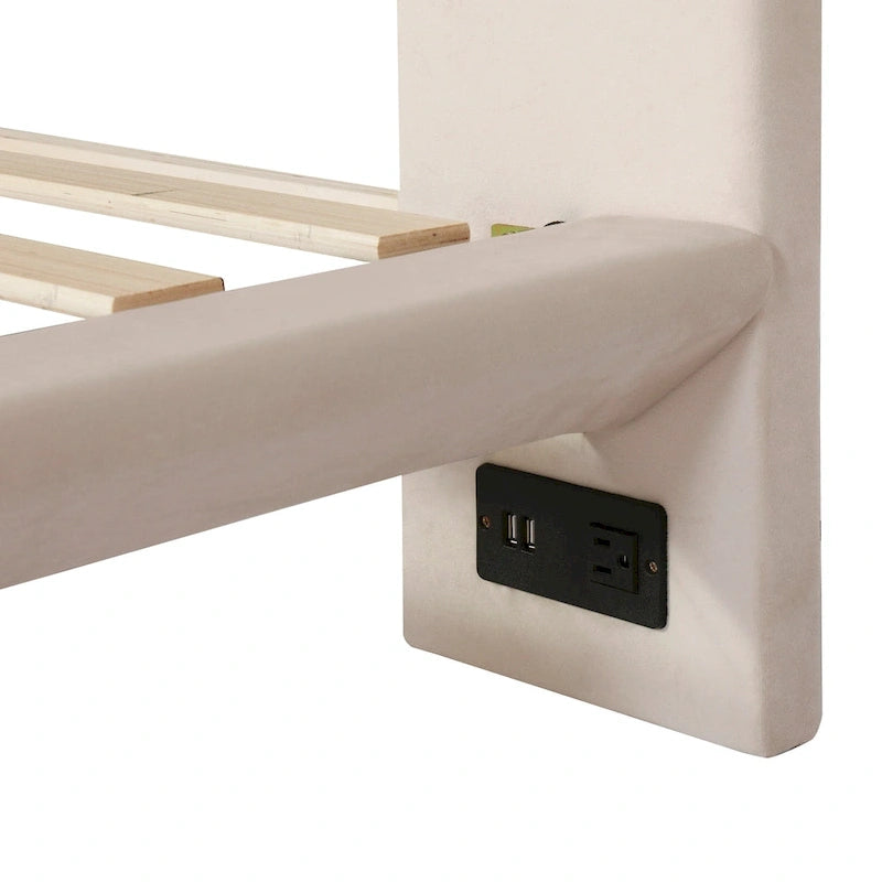 Queen Size Velvet Platform Bed with Motion Sensor LED Light & USB Charging Ports