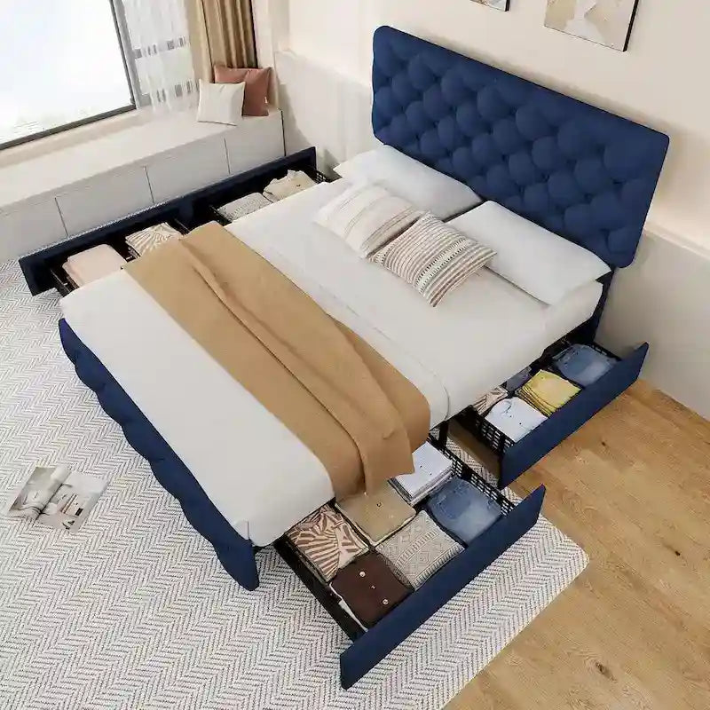 Linen Upholstered Platform Bed Frame with 4 Storage Drawers & Adjustable Headboard