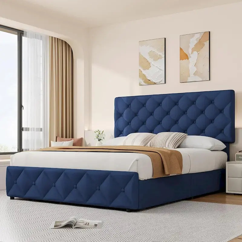 Linen Upholstered Platform Bed Frame with 4 Storage Drawers & Adjustable Headboard