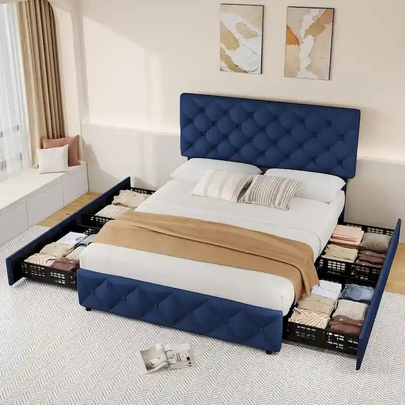 Linen Upholstered Platform Bed Frame with 4 Storage Drawers & Adjustable Headboard