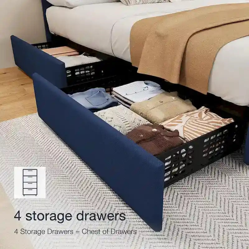 Linen Upholstered Platform Bed Frame with 4 Storage Drawers & Adjustable Headboard