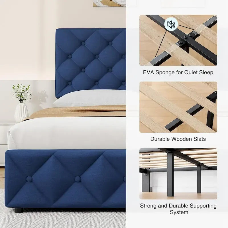 Linen Upholstered Platform Bed Frame with 4 Storage Drawers & Adjustable Headboard