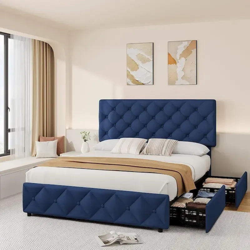 Linen Upholstered Platform Bed Frame with 4 Storage Drawers & Adjustable Headboard