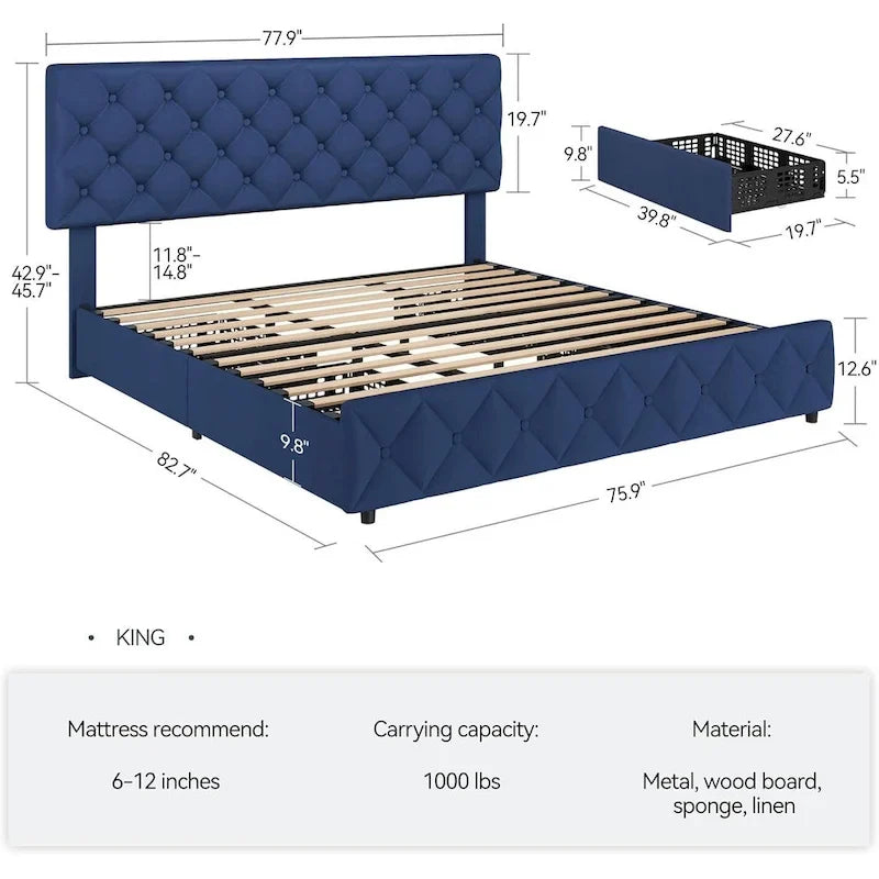 Linen Upholstered Platform Bed Frame with 4 Storage Drawers & Adjustable Headboard
