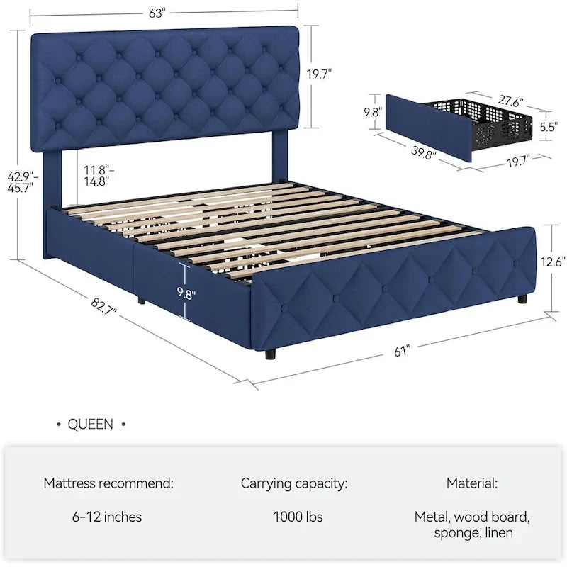 Linen Upholstered Platform Bed Frame with 4 Storage Drawers & Adjustable Headboard